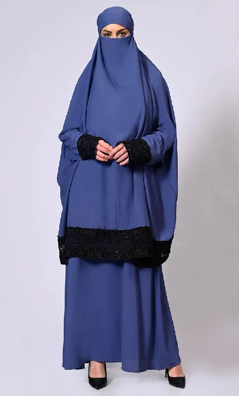 Women's Blue Niqab and Abaya Set with Stylish Lace Detailing