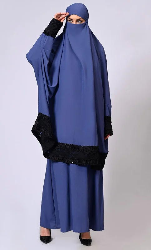 Women's Blue Niqab and Abaya Set with Stylish Lace Detailing