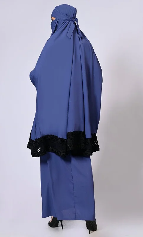 Women's Blue Niqab and Abaya Set with Stylish Lace Detailing