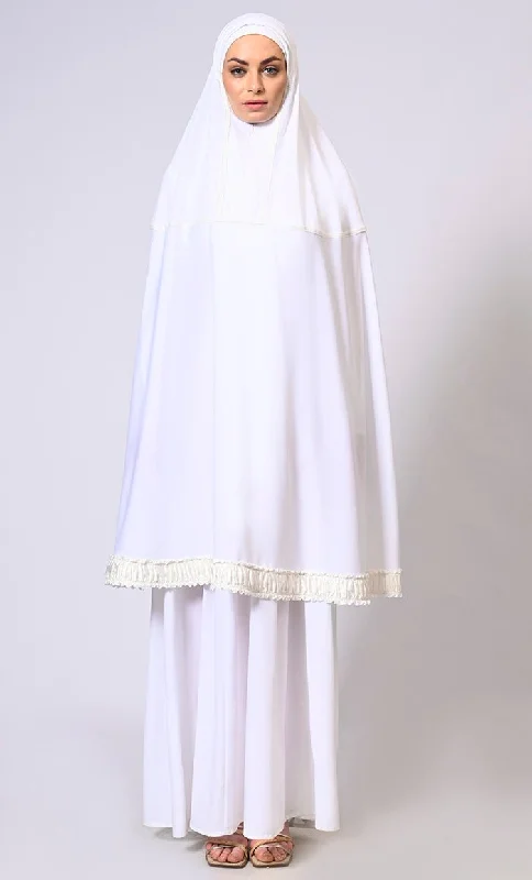 Women's White Khimar Ensemble Enhanced by Satin Frill Lace