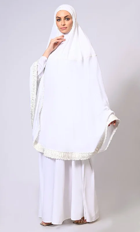 Women's White Khimar Ensemble Enhanced by Satin Frill Lace