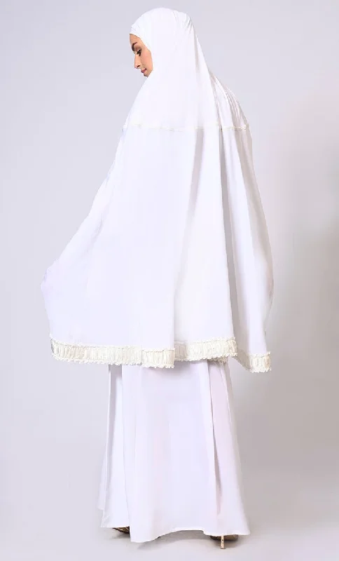 Women's White Khimar Ensemble Enhanced by Satin Frill Lace