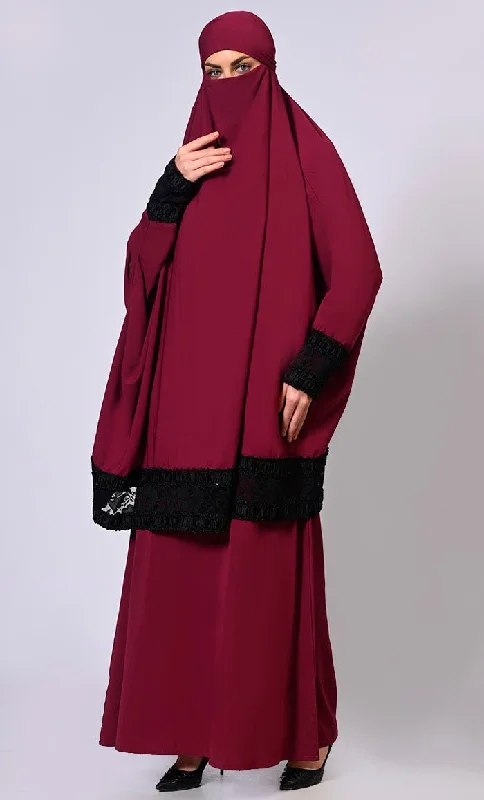 Women's Maroon Niqab and Abaya Set with Stylish Lace Detailing