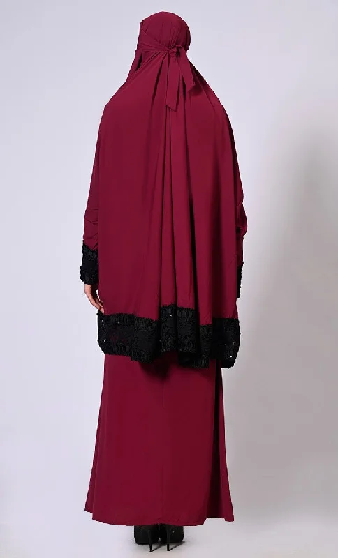 Women's Maroon Niqab and Abaya Set with Stylish Lace Detailing