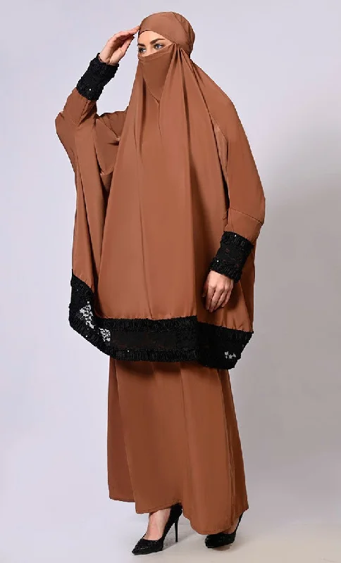 Women's Brown Niqab and Abaya Set with Stylish Lace Detailing