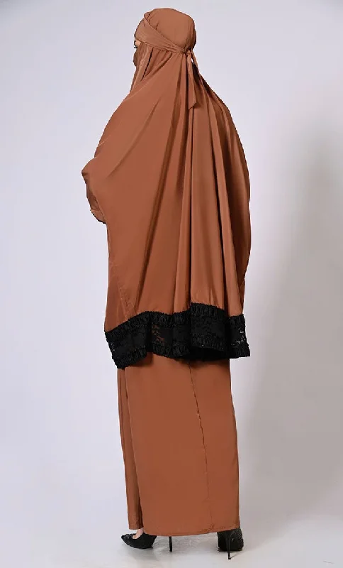 Women's Brown Niqab and Abaya Set with Stylish Lace Detailing