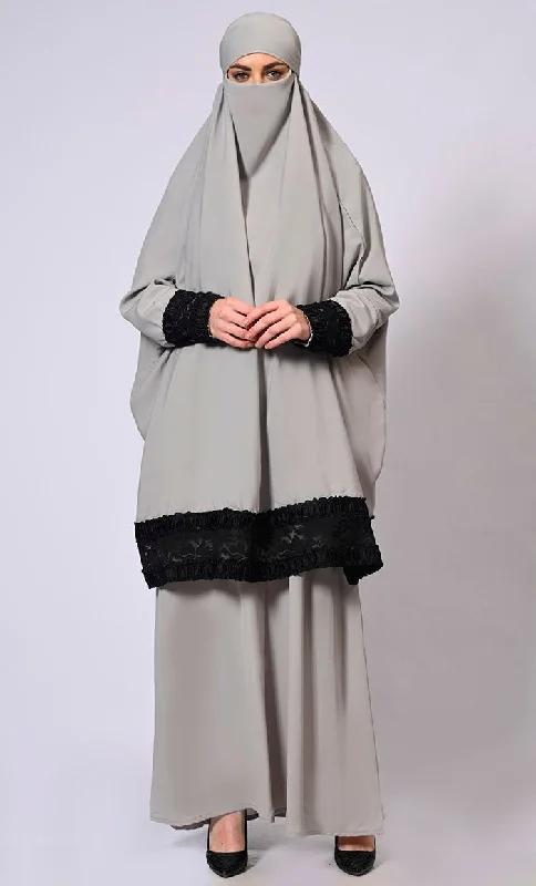 Women's Grey Niqab and Abaya Set with Stylish Lace Detailing