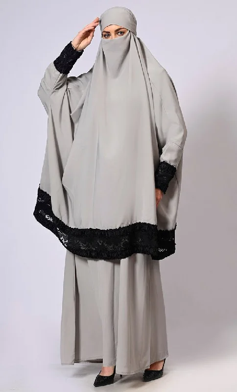 Women's Grey Niqab and Abaya Set with Stylish Lace Detailing