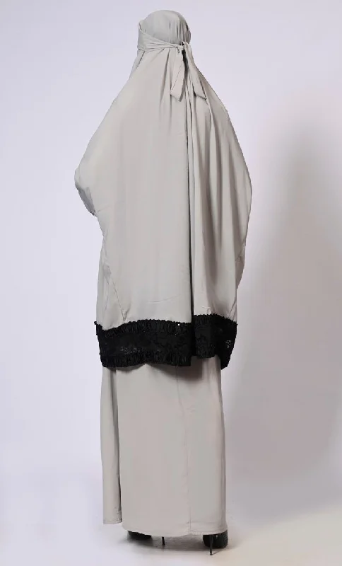 Women's Grey Niqab and Abaya Set with Stylish Lace Detailing