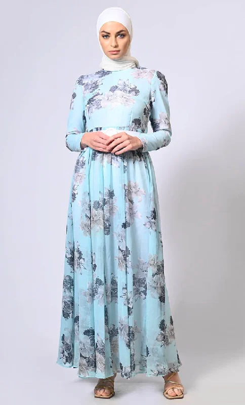 Women's Blue Printed Flared Abaya With Belt