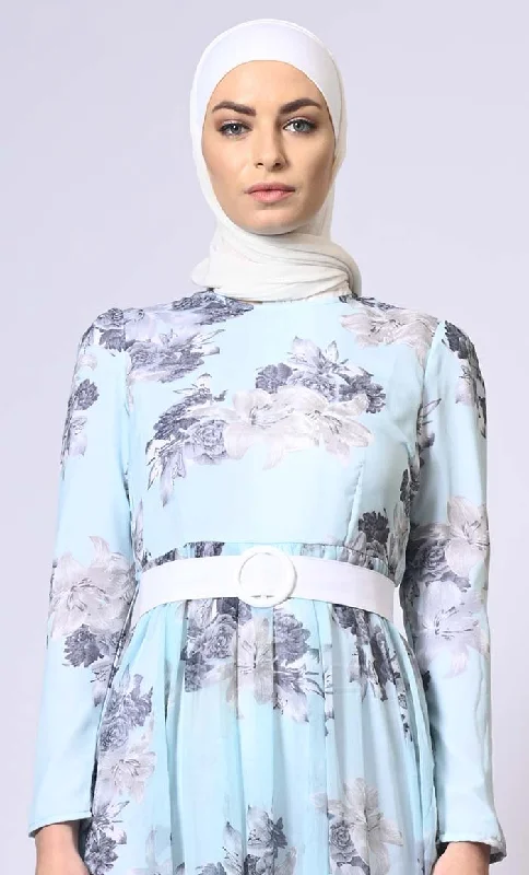 Women's Blue Printed Flared Abaya With Belt