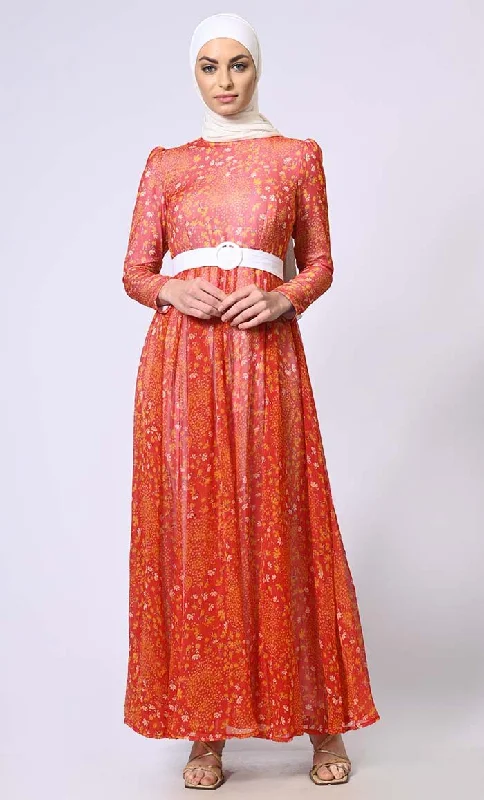 Sunset Splendor: Women's Printed Abaya with Belt and Hijab