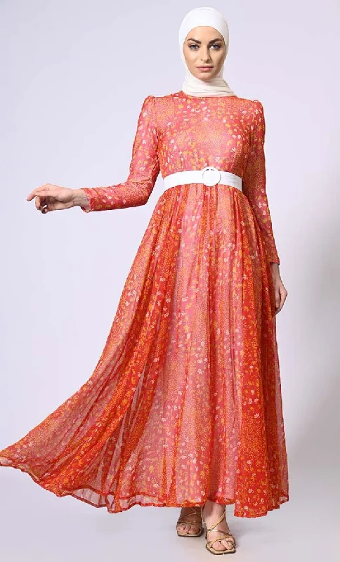 Sunset Splendor: Women's Printed Abaya with Belt and Hijab