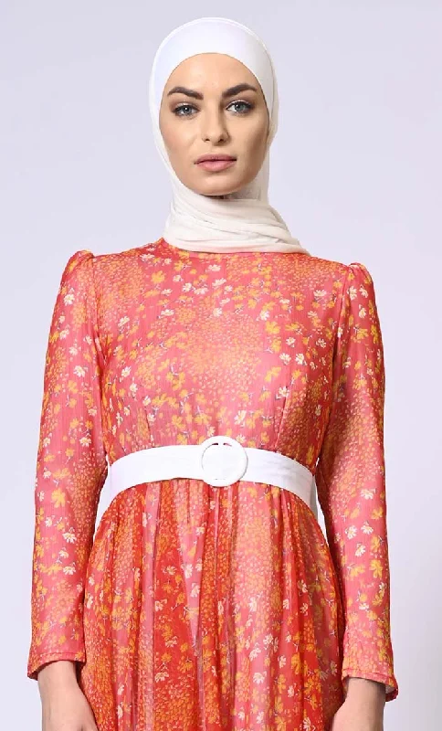 Sunset Splendor: Women's Printed Abaya with Belt and Hijab