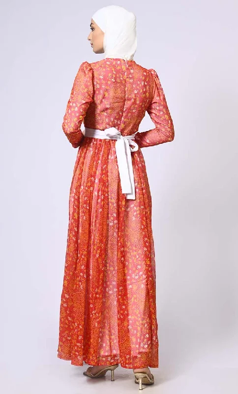 Sunset Splendor: Women's Printed Abaya with Belt and Hijab