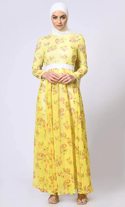 Mellow Yellow Magic: Printed Abaya with Belt and Hijab