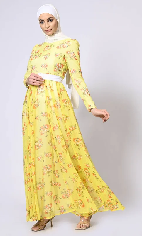 Mellow Yellow Magic: Printed Abaya with Belt and Hijab