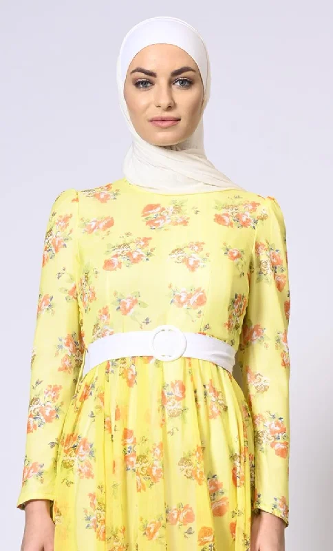 Mellow Yellow Magic: Printed Abaya with Belt and Hijab