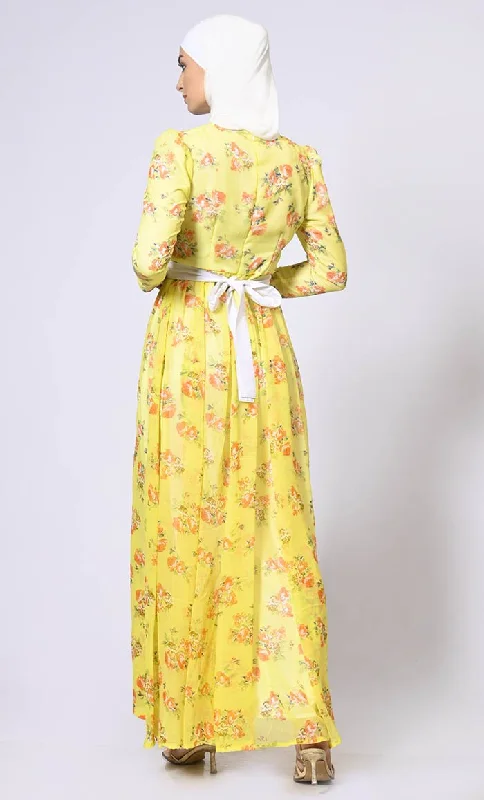 Mellow Yellow Magic: Printed Abaya with Belt and Hijab