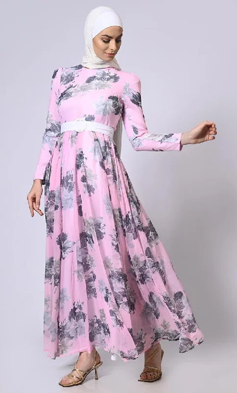 Blushing Pink Floral Printed Flared Abaya with Detachable Belt