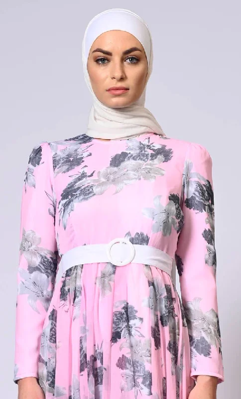 Blushing Pink Floral Printed Flared Abaya with Detachable Belt