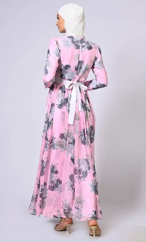 Blushing Pink Floral Printed Flared Abaya with Detachable Belt