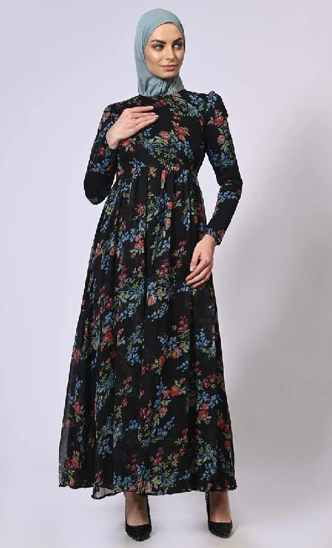 Midnight Blooms Printed Abaya with Belt and Hijab