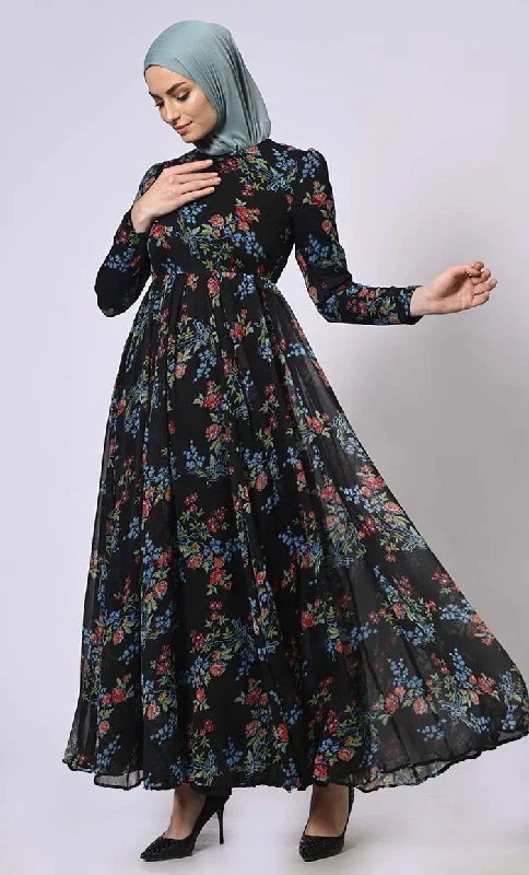 Midnight Blooms Printed Abaya with Belt and Hijab