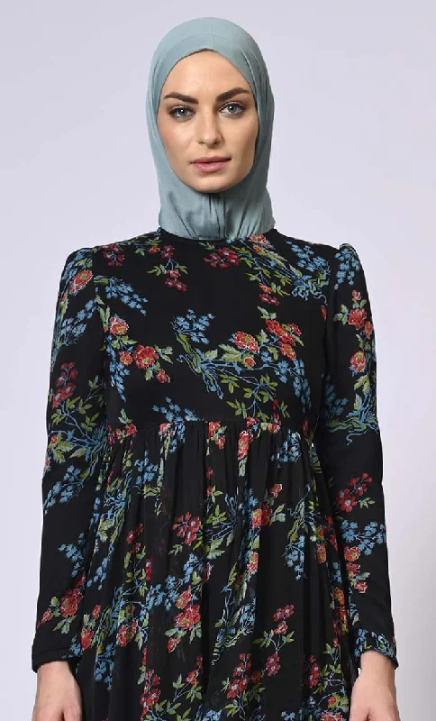 Midnight Blooms Printed Abaya with Belt and Hijab