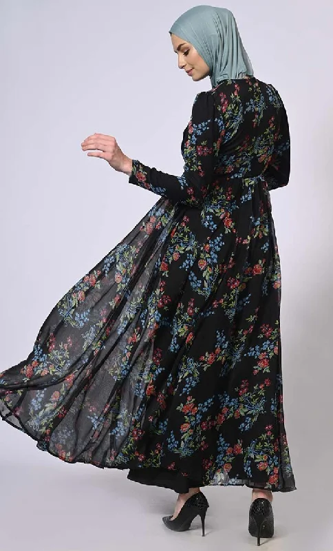 Midnight Blooms Printed Abaya with Belt and Hijab