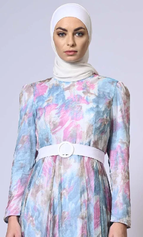 Artistic Flair: Printed Flared Abaya with Belt