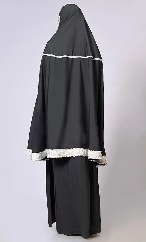 Women's Black  Khimar Ensemble Enhanced by Satin Frill Lace