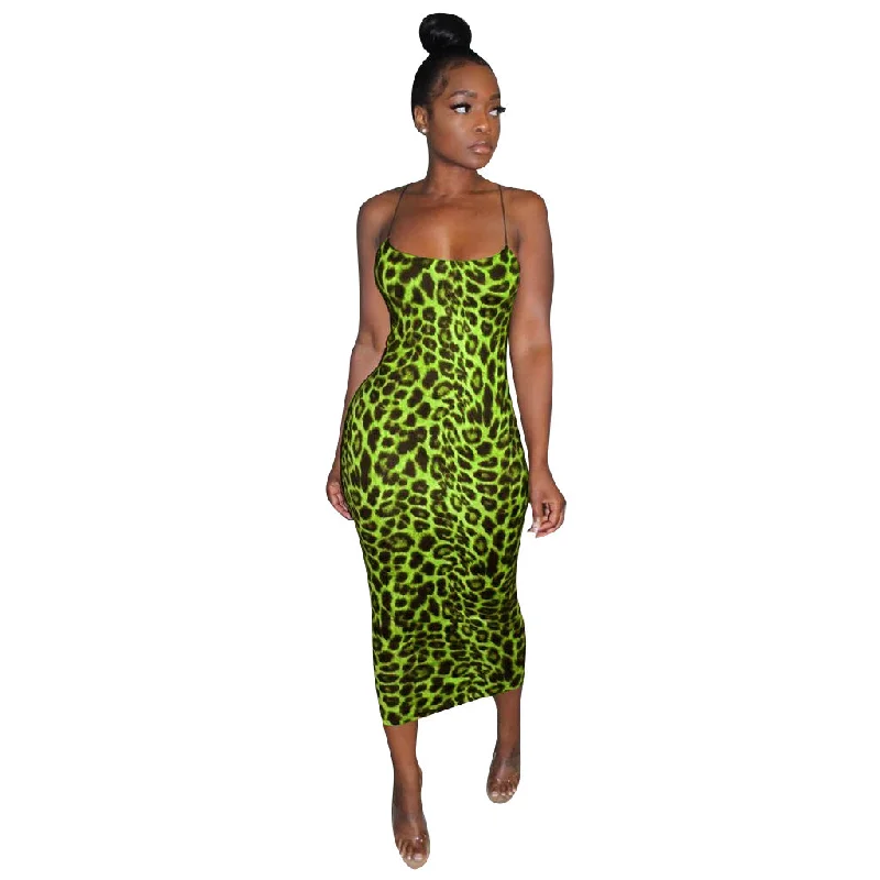 Women's Spaghetti Strap Dress Bodycon Sexy Sleeveless Leopard Print Maxi Long Club Dresses