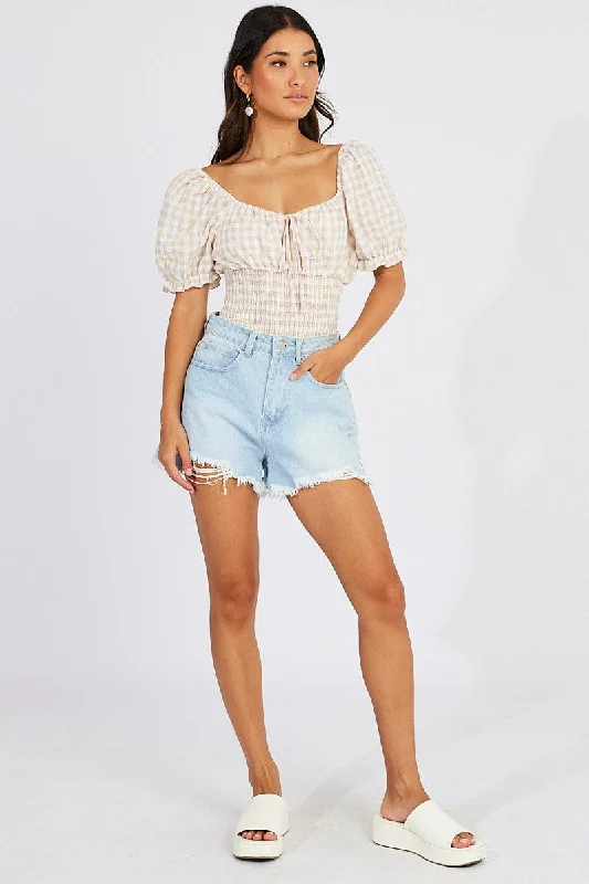 Beige Check Bodysuit Short Sleeve