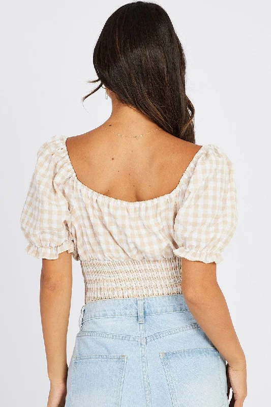 Beige Check Bodysuit Short Sleeve