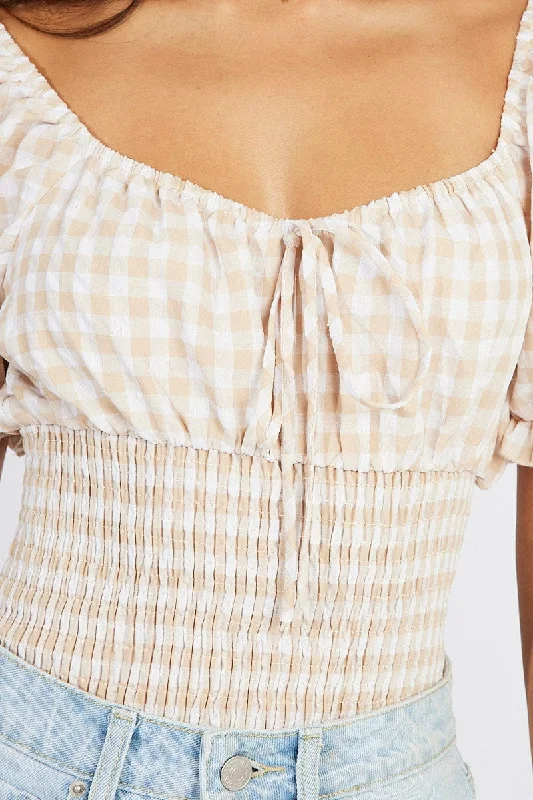 Beige Check Bodysuit Short Sleeve