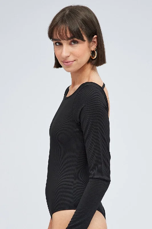 Black Bodysuit Long Sleeve Crew Neck Rib