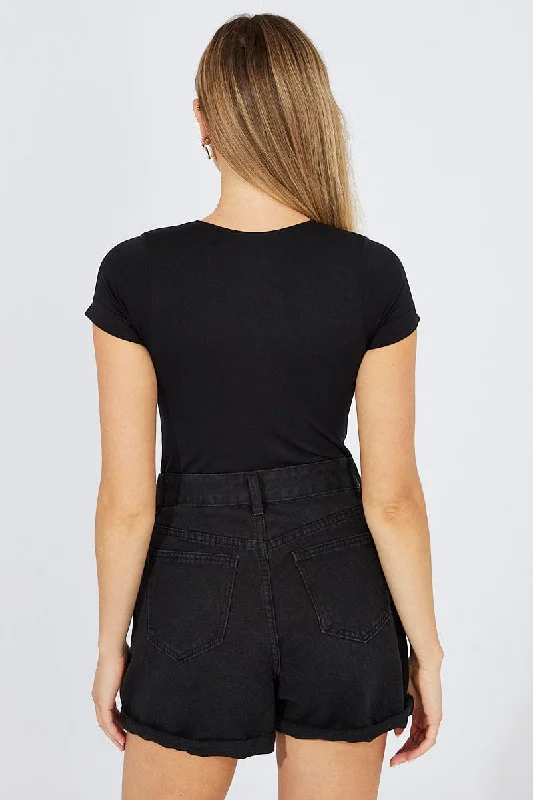 Black Bodysuit Short Sleeve Cut Out