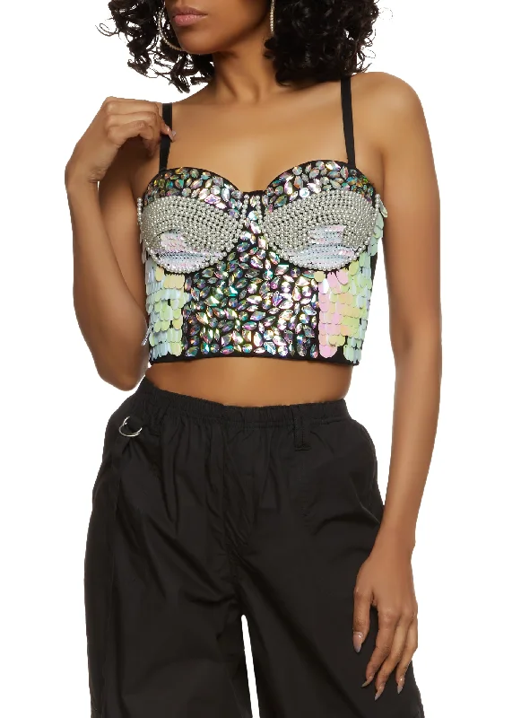 Gem Rhinestone Faux Pearl Studded Bustier Top