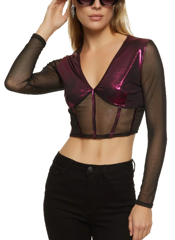 Foiled Mesh Detail Bustier Top