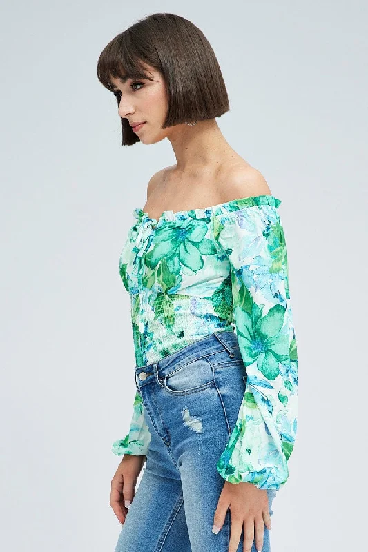 Green Floral Bodysuit Long Sleeve Floral Print