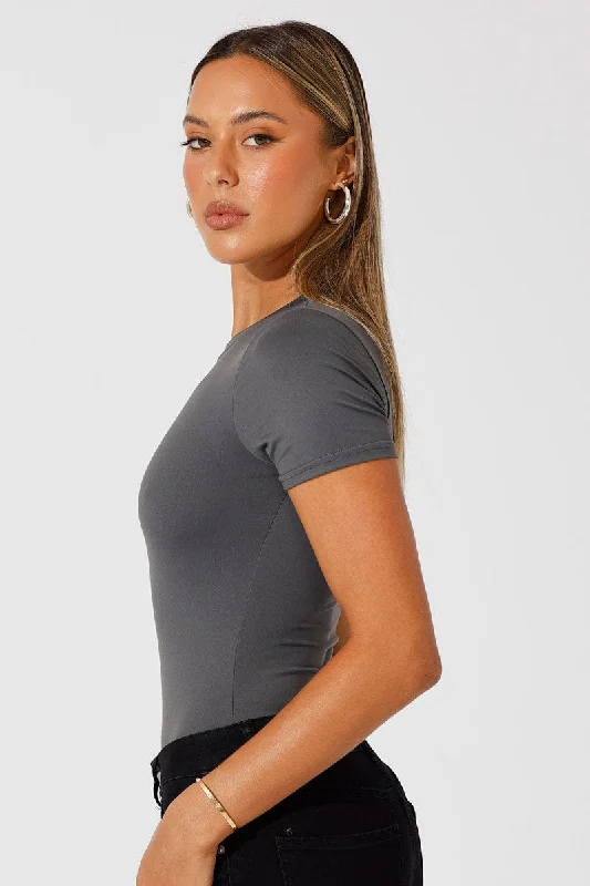 Grey Bodysuit Short Sleeve Crew Neck Supersoft