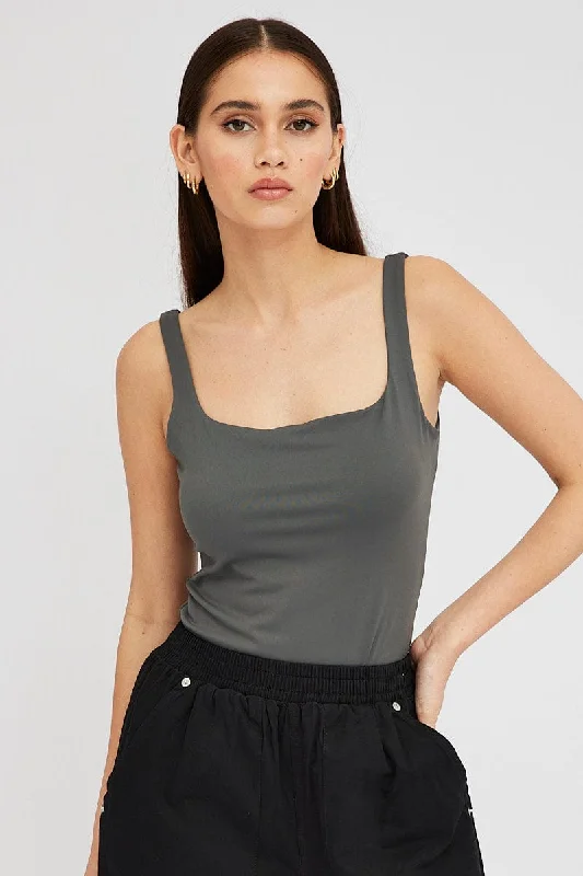 Grey Supersoft Bodysuit Sleeveless Square-Cut Neck