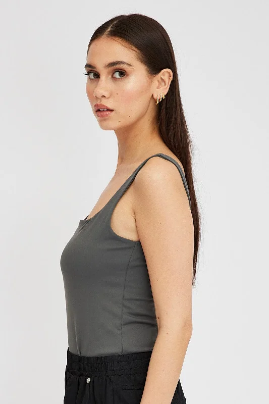 Grey Supersoft Bodysuit Sleeveless Square-Cut Neck