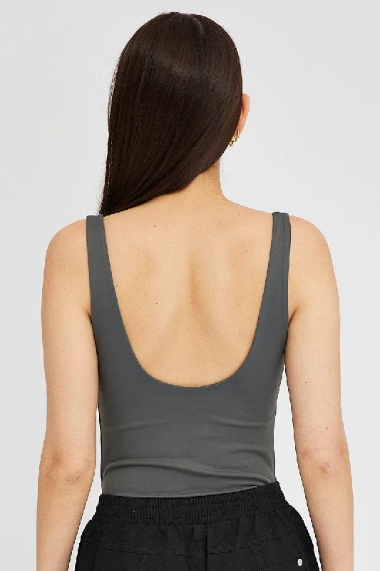 Grey Supersoft Bodysuit Sleeveless Square-Cut Neck