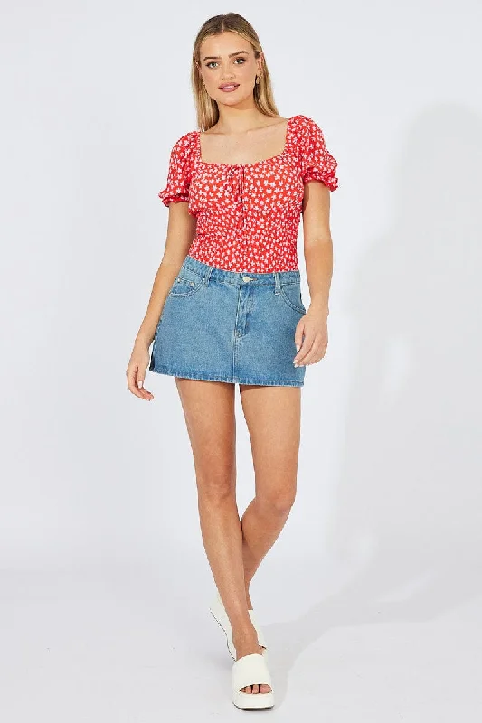 Red Ditsy Bodysuit short Sleeve