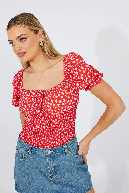 Red Ditsy Bodysuit short Sleeve