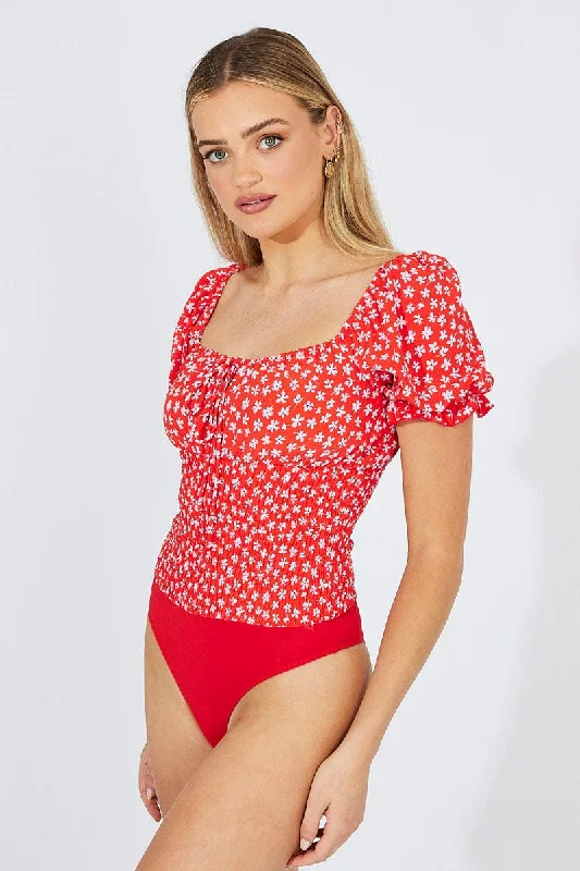 Red Ditsy Bodysuit short Sleeve