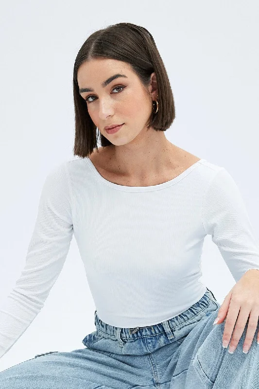 White Bodysuit Long Sleeve Crew Neck Rib