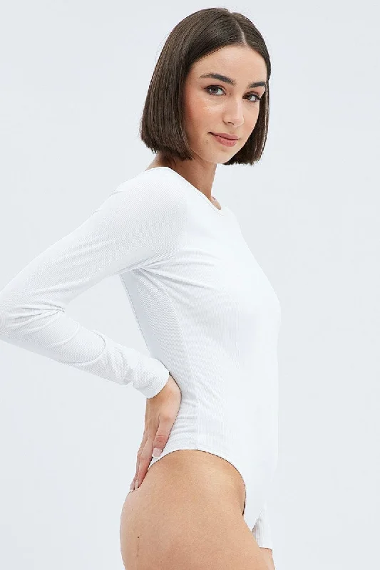 White Bodysuit Long Sleeve Crew Neck Rib